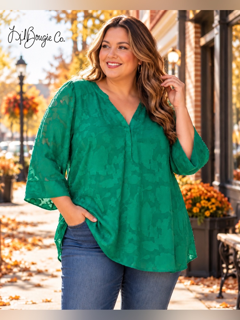 Torrid Harper Size 3 Emerald Green Floral Jacquard Blouse 3/4 Sleeve Tunic